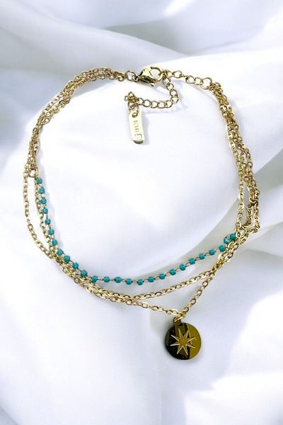 PETEK AKSESUAR Steel Uncertain 3 Rows Turquoise Beaded Chain Anklet