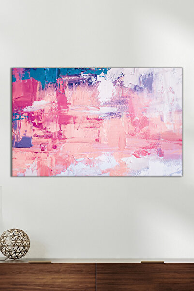 Vosevu Yağlı Boya Darbeli Mavi Pembe Desenli Yatay Cam Tablo, Modern Ev Dekor...