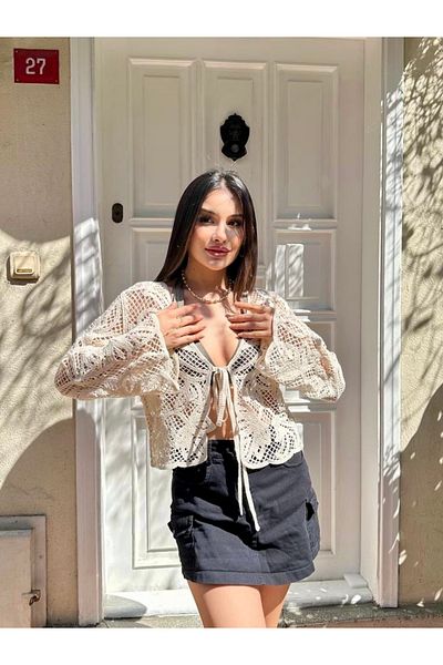 HandCo Women's Cream Knitted Long Sleeve Tie-Up Cardigan Summer Openwork Blouse