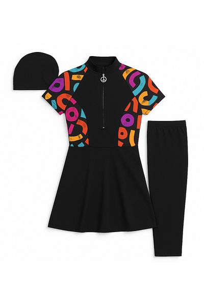 İYİBU 3-Piece Black Patterned Waiter Swimsuit Set