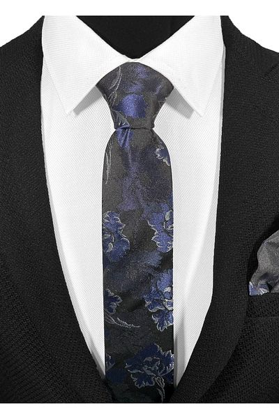 BLC Basic Line Co. Navy Floral Pattern on Black Background Microfiber Tie and Handkerchief Set - 7 cm Modern Cut