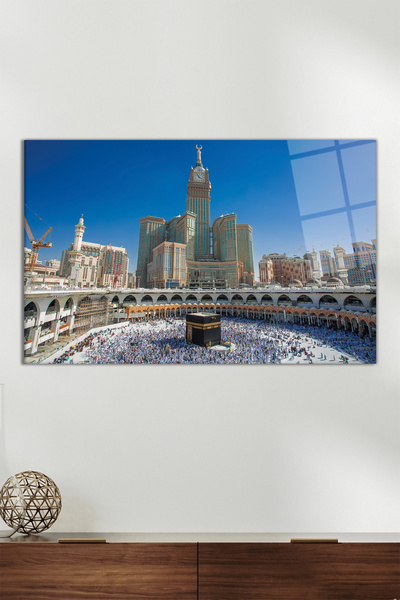Vosevu Mekke Kabe İslami Yatay Cam Tablo, Modern Ev Ofis Dekoru, Hediyelik Du...