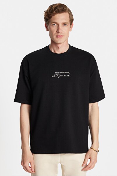 Tudors Ανδρικό μπλουζάκι Oversize Φαρδύ Βαμβακερό εμπριμέ με λαιμόκοψη μαύρο