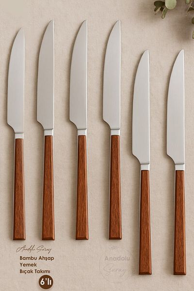 Anadolu Saray 6 Pieces Wooden Bamboo Look Plastic Detailed Dinner Knife Set |   6 Piece Luxury Dinner Knife Set