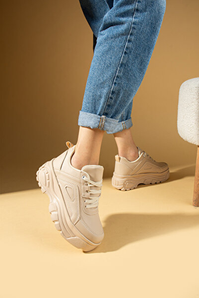 Pembe Potin Beige Women's Sports Sneaker Lace-Up Daily Thick Comfortable Sole Shoes