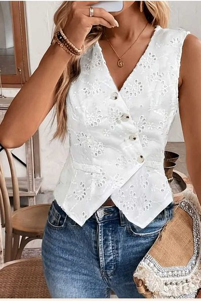 Dumantekstil Vest Without Fans. Scalloped Fabric. White Lace Vest. V-Neck with Buttons Perfect, Casual Stylish Clothing