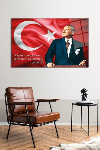 Vosevu Flag Ataturk and His Word Horizontal Glass Painting, Modern Home Office Decor, Gift Wall Decoration, Unbreakable