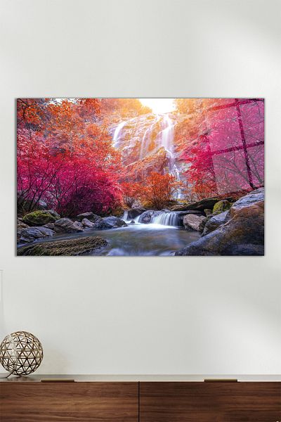 Vosevu Autumn Leafy Nature Waterfall Horizontal Glass Painting, Modern Home Office Decor, Gift Wall Decoration