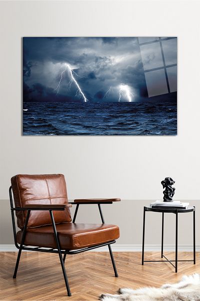 Vosevu Vedere orizontală cu fulgere în ocean, decor modern pentru birou, decorare de perete pentru cadou, sticlă rezistentă la spargere