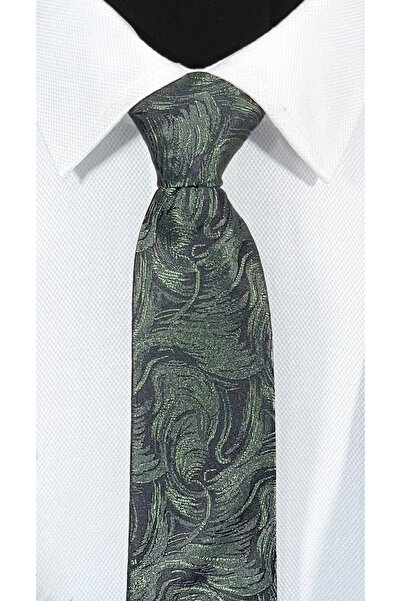 BLC Basic Line Co. Елегантен комплект от микрофибърна вратовръзка и кърпичка за кърпичка със зелен пейсли мотив на черен фон – 7 см