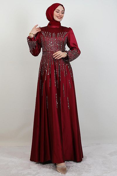 GİYZAMİLA Βραδινό φόρεμα Aysu Stone Hijab Claret Red