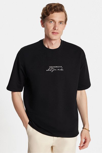 Tudors Ανδρικό μπλουζάκι Oversize Φαρδύ Βαμβακερό εμπριμέ με λαιμόκοψη μαύρο