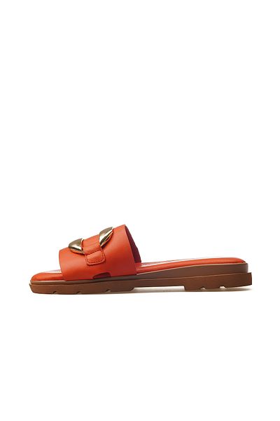 Mammamia Women's Genuine Leather Buckle Detailed Daily Slippers 25Y D25Yt-1375 Z Red