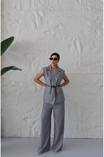 Ekim Store Linen Belted Double Vest Blazer Suit
