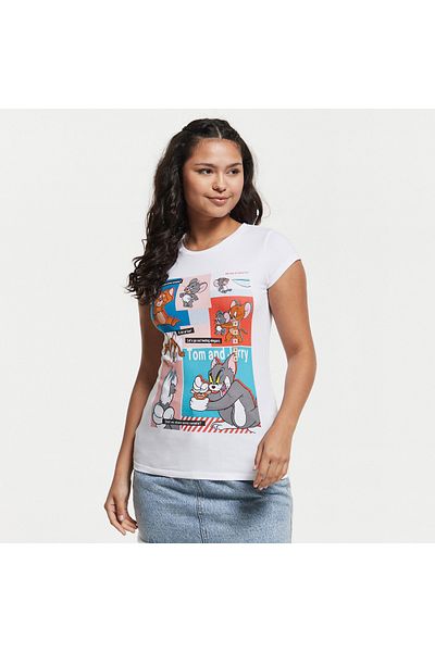 SP Characters Tom and Jerry Print Round Neck T-shirt with Cap Sleeves