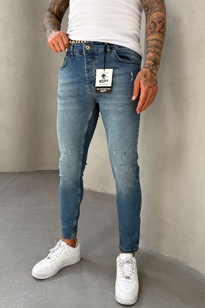 MADZEYMODA Slim Fit Slim Fit Lycra Denim Ύφασμα Σκισμένο Λεπτομερές Ανδρικό Μπλε Τζιν Παντελόνι KE-771
