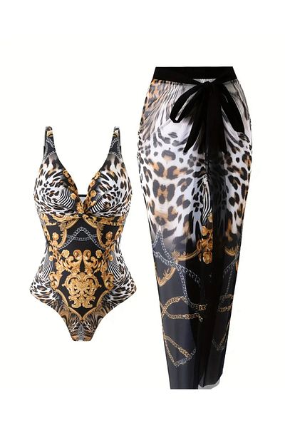 La Saade Y2K Golden Ottoman Baby Swimsuit-Pareo Set