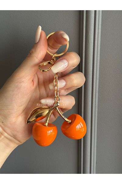 FOR POLYESTER Küçük Dokunuşlar Gold Detailed Pink Cherry Viral Bag Charm / Keychain / Accessory