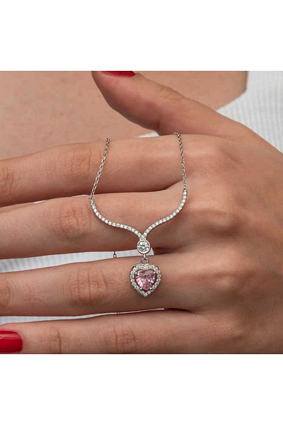 Emperium Silver Pink Zircon Stone Heart Women Necklace