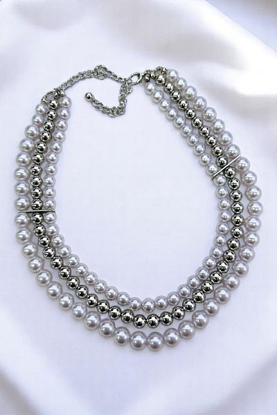 PETEK AKSESUAR 3 Rows Multi Pearl Ball Metalized Beads Necklace