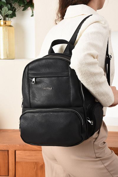 Just Polo Black Women's Antique Faux Leather Multi-Pocket Daily Backpack Pbu3000