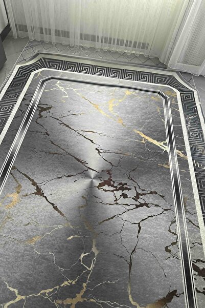 VOPTEKS Lazer Kesim Gri Mutfak Halısı Makinede Yıkanabilir Kaymaz Taban Mutfak Halısı