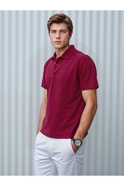 ROZELT Ανδρικό μπλουζάκι μπορντό βαμβακερό γιακά πόλο