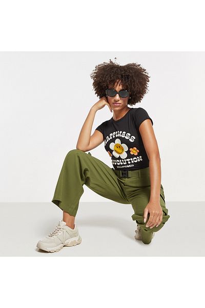 SP Characters Smiley World Print T-shirt with Crew Neck and Cap Sleeves