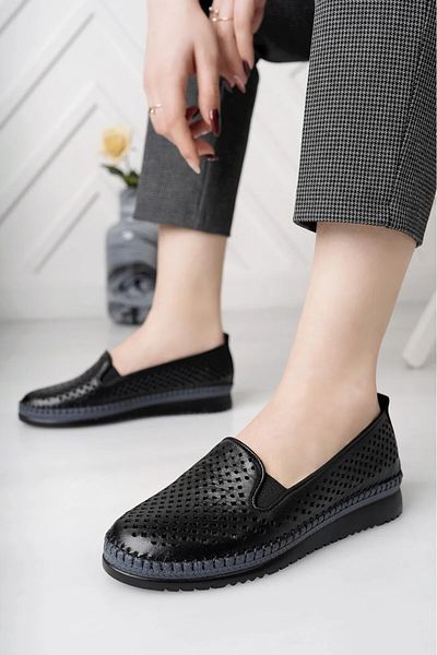 KAFKASLAR AYAKKABI Real Leather Full Orthopedic Perforated Ballerina Shoes