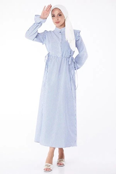 SHİROSA Μακρύ φόρεμα με ριγέ ριγέ κορδόνια με λεπτομέρεια βολάν στους ώμους