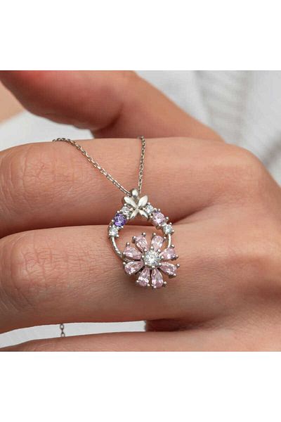 Emperium Silver Pink Spinning Flower Women's Necklace