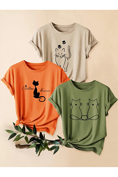 bellanova مجموعة من 3 تي شيرتات نسائية كبيرة الحجم بطباعة قطة - ألوان وخيارات...