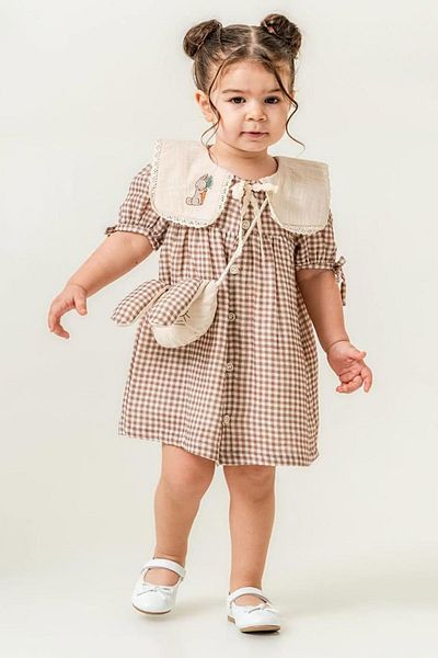 Minigimin Cicileri My Little Girl's Bunny Embroidery Detailed Gingham Girl's Bag Dress - Brown