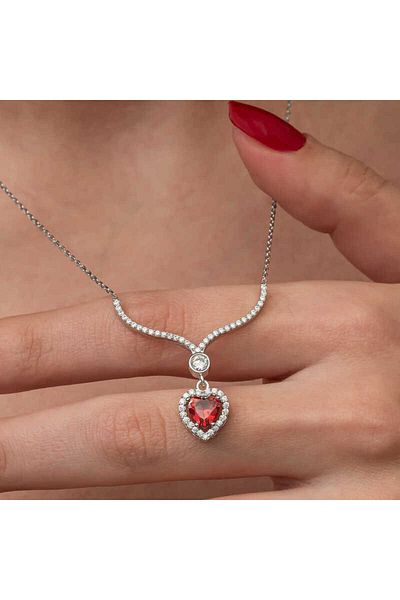 Emperium Silver Red Zircon Stone Heart Women's Necklace