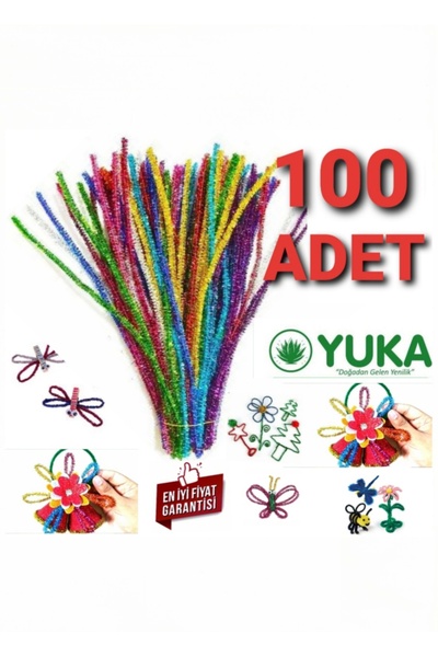 Yuka 100 Adet, Şönil, 50 Cm, Tüylü Tel, Eğitici Şönil Seti, Renkli Tel METALİK SİMLİ UZUN ŞÖNİL