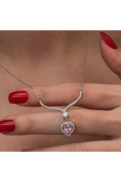 Emperium Silver Pink Zircon Stone Heart Women Necklace