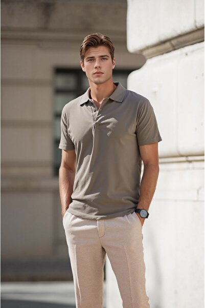 ROZELT Ανδρικό μπλουζάκι με γιακά πόλο σε σκούρο μπεζ βαμβακερό