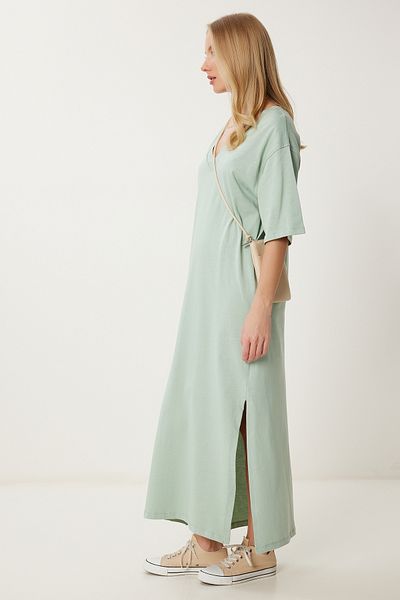 Lovelyİstanbul Oversize Basic Summer Stretchy Knitted Dress Green Lub0113