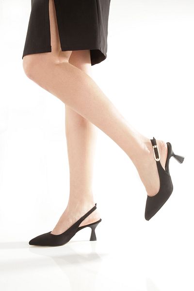 Ayakkabı Podyumum Black Suede Pointed Toe Back Open Large Buckle 5cm Goblet Heel