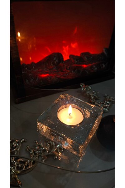 Tavcam 3 lü Set , Kare Cam Mumluk - El işi cam özel dokulu yüzey tealight mumluk