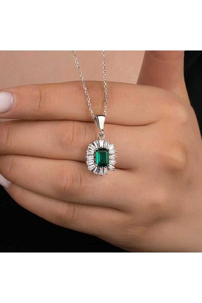 Emperium Silver Diamond Mounted Emerald Stone Women's Necklace