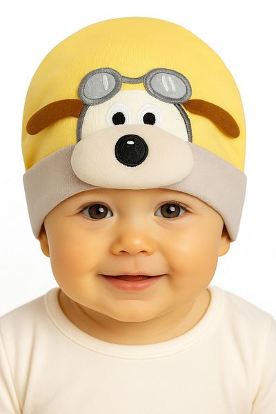 mia mia Dog Patterned Baby Hat with 3D Ears and Glasses – Soft Combed Cotton Fabric