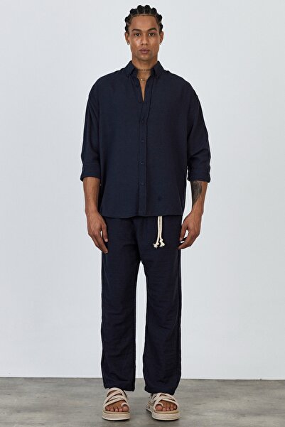 MADZEYMODA Premium New Season Men's Summer Comfortable Fit Shirt & Pants Bottom Top Navy Blue Linen Suit Ls-3298