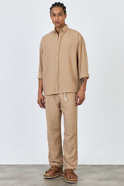 MADZEYMODA Premium New Season Men's Summer Comfortable Fit Shirt & Pants Bottom Top Light Coffee Linen Set Ls-3298