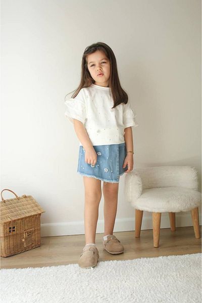 BİR DOZ ÇOCUK GÜLÜŞÜ Stoned Pearl Denim Shorts, Skirt and Pocket Special Day Suit