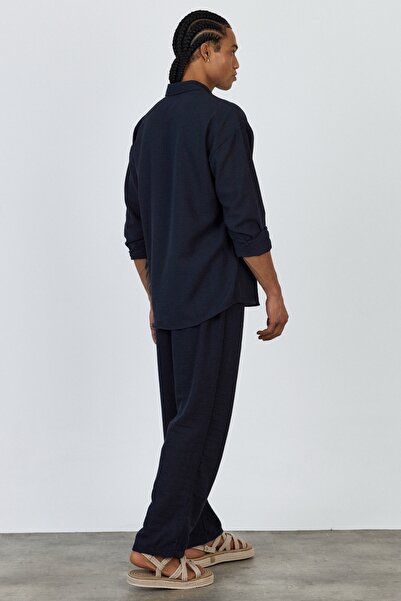 MADZEYMODA Premium New Season Men's Summer Comfortable Fit Shirt & Pants Bottom Top Navy Blue Linen Suit Ls-3298