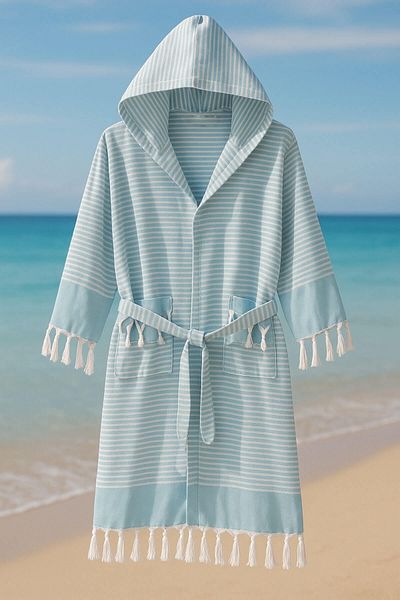 Mira Home Hooded Unisex Peshtemal Beach Bathrobe 100% Cotton Seaside Stripe