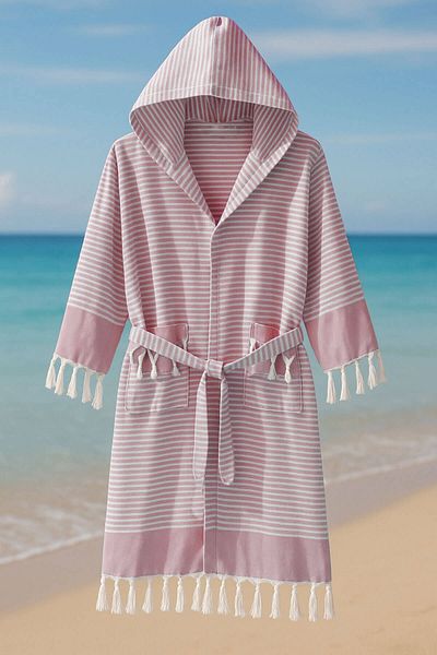 Mira Home Hooded Unisex Peshtemal Beach Bathrobe 100% Cotton Seaside Stripe