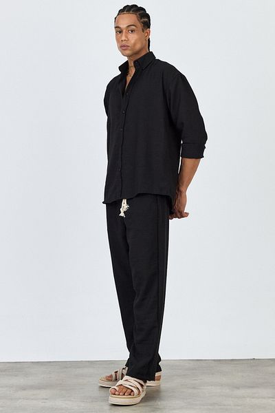 MADZEYMODA Premium New Season Men's Summer Comfortable Fit Shirt & Pants Bottom Top Black Linen Suit Ls-3298