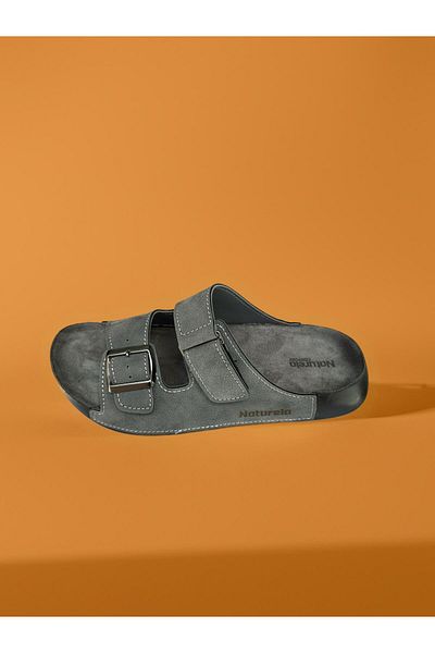 GEZER Γκρι ανδρικές παντόφλες Relax δερμάτινη σόλα
